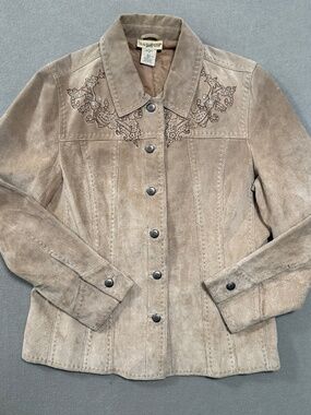 TravelSmith Leather Suede Jacket Tan Embroidered Western Boho Cowgirl Women M